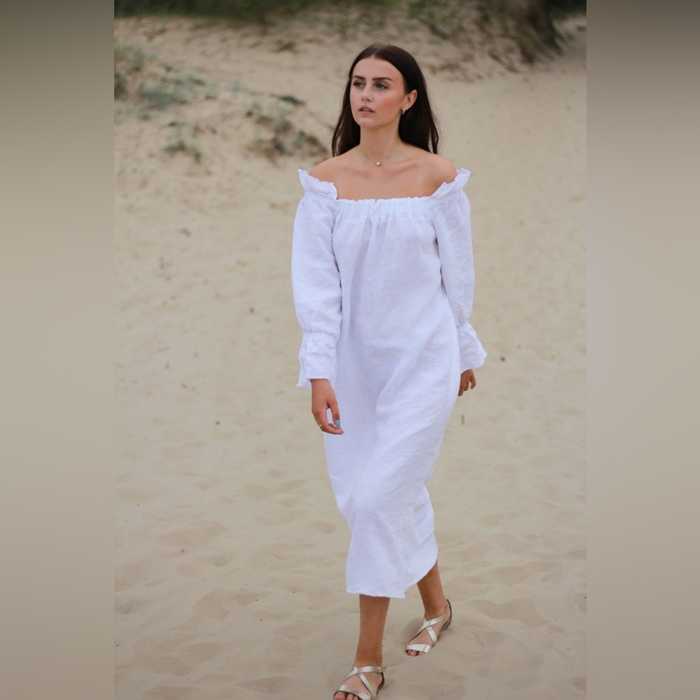 DressMe 100% Linen Flowy White Off Shoulder Dress Gown Coverup w/ Pockets